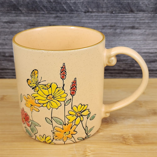 Butterfly and Yellow Flowers Country Garden Mug Nature Tan Tea Cup Blue Sky