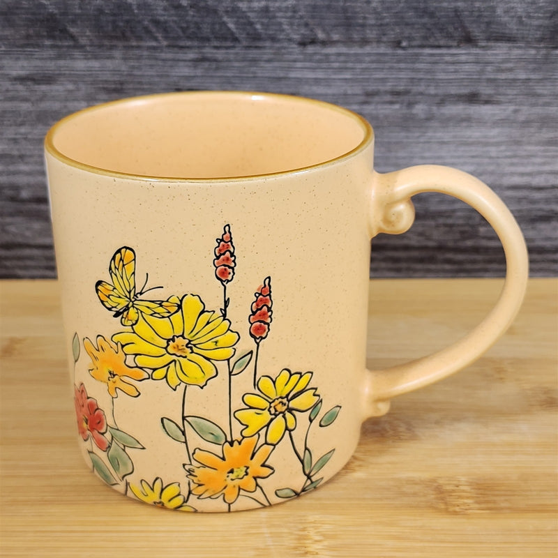 Load image into Gallery viewer, Butterfly and Yellow Flowers Country Garden Mug Nature Tan Tea Cup Blue Sky
