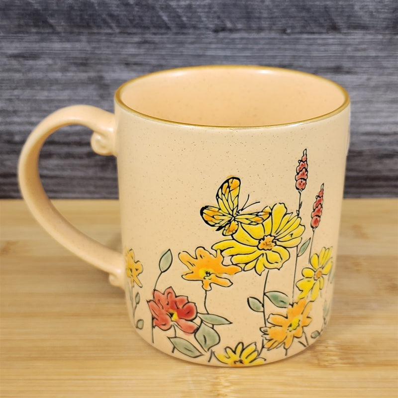 Load image into Gallery viewer, Butterfly and Yellow Flowers Country Garden Mug Nature Tan Tea Cup Blue Sky
