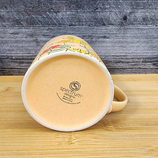 Butterfly and Yellow Flowers Country Garden Mug Nature Tan Tea Cup Blue Sky