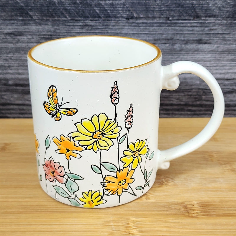 Load image into Gallery viewer, Yellow Flowers and Butterfly Country Garden Mug Nature White Tea Cup Blue Sky
