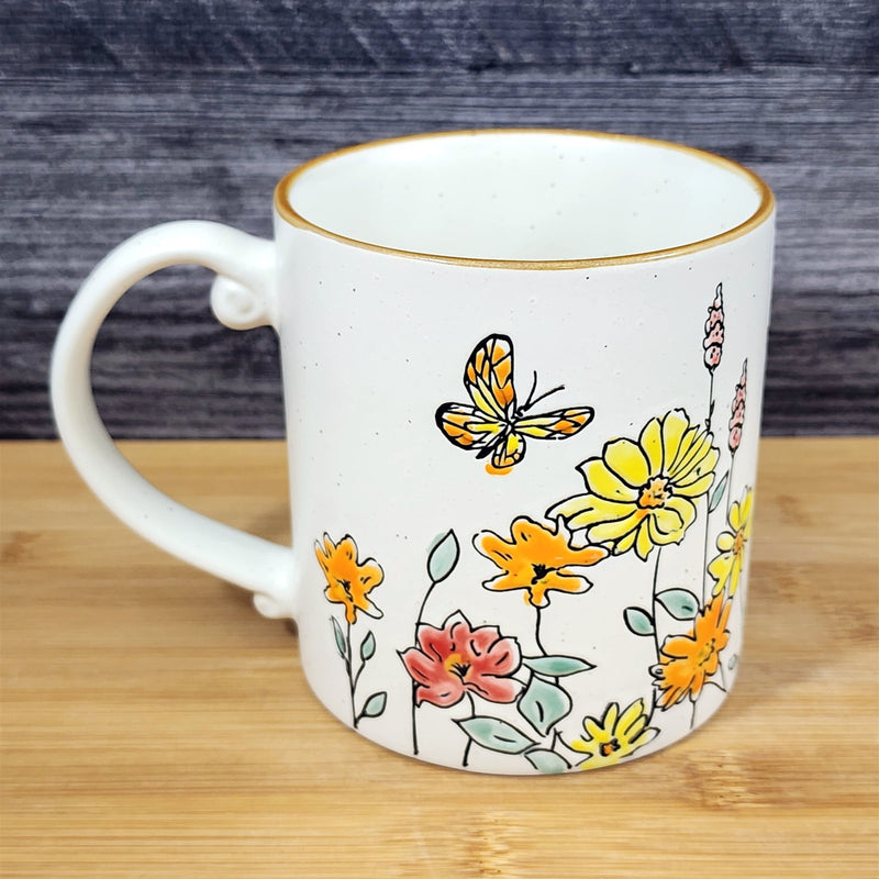 Load image into Gallery viewer, Yellow Flowers and Butterfly Country Garden Mug Nature White Tea Cup Blue Sky
