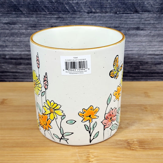Yellow Flowers and Butterfly Country Garden Mug Nature White Tea Cup Blue Sky
