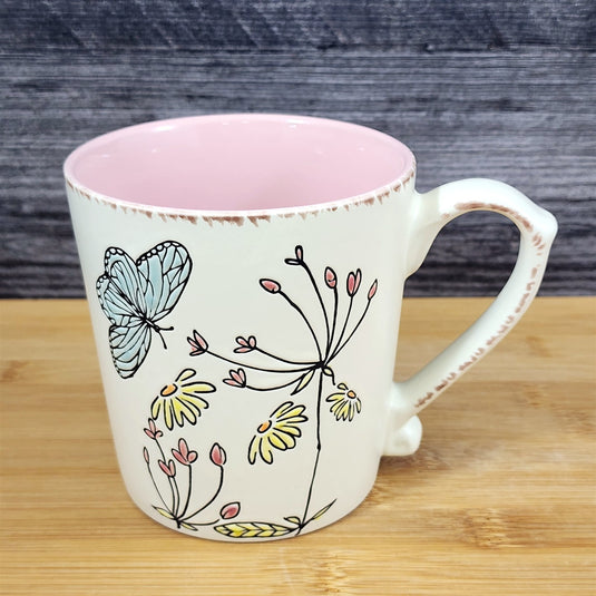 Flowers Butterfly Coffee Mug Cottagecore Garden Pink Ceramic Tea Cup Blue Sky