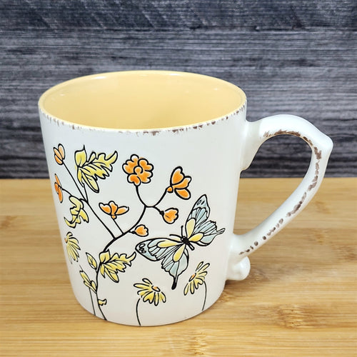Garden Flowers Butterfly Coffee Mug Cottagecore White Ceramic Tea Cup Blue Sky
