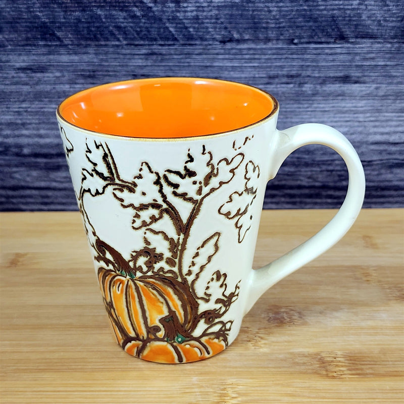 Load image into Gallery viewer, Pumpkin Harvest Autumn Coffee Mug Orange Floral Embossed Tea Cup 16 oz Blue Sky

