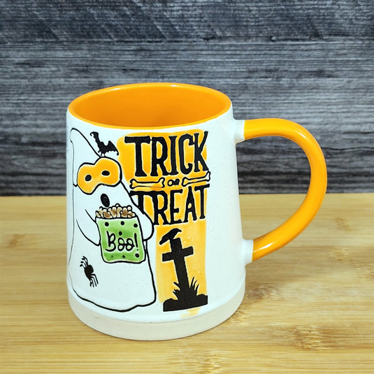 Halloween Coffee Mug Orange Black Trick or Treat Ghost Costume Tea Cup Blue Sky