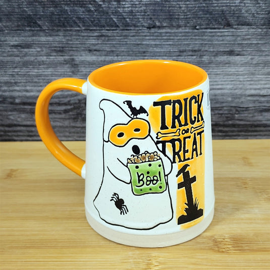 Halloween Coffee Mug Orange Black Trick or Treat Ghost Costume Tea Cup Blue Sky