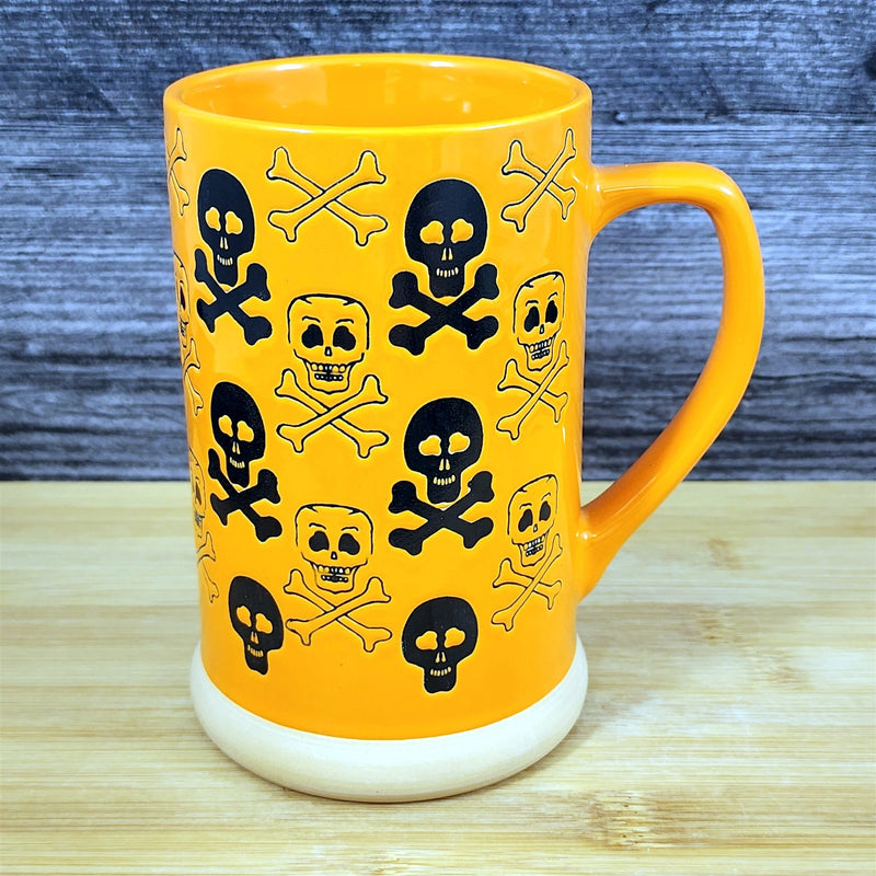 Load image into Gallery viewer, Halloween Skull and Bones Coffee Mug Orange Black Tea Cup 20oz Ceramic Blue Sky
