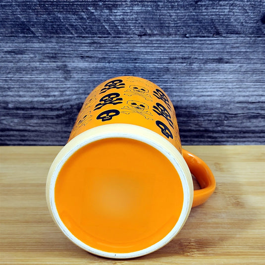 Halloween Skull and Bones Coffee Mug Orange Black Tea Cup 20oz Ceramic Blue Sky