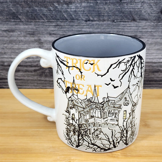 Spooky Coffee Mug Ceramic Halloween Haunted House Trick or Treat Cup Blue Sky