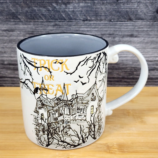 Spooky Coffee Mug Ceramic Halloween Haunted House Trick or Treat Cup Blue Sky