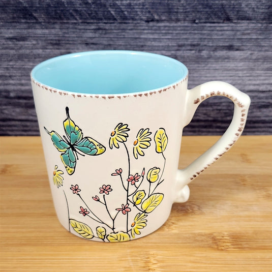 Garden Flowers & Butterfly Coffee Mug Cottagecore White Ceramic Tea Cup Blue Sky
