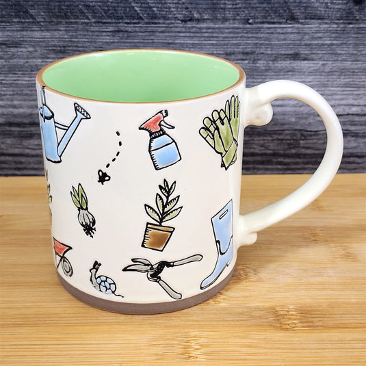 Hobby Gardener Coffee Mug Embossed Garden Tools flowers Pot Cup 21oz Blue Sky