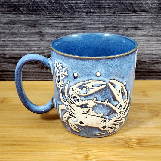 Crab Coffee Mug Marine Ocean Coral Life Cup 18oz Blue Sky Ceramic Embossed