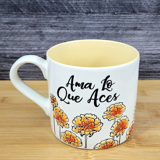 Spanish Ama Lo Que Aces Coffee Mug "Love What You Love" Flower Art Cup Blue Sky