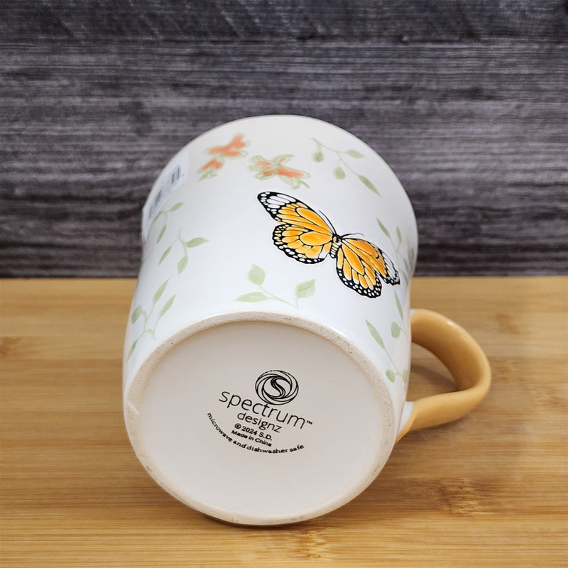 Load image into Gallery viewer, Monarch Butterfly Floral Coffee Mug Yellow Interior Ceramic Tea Cup Blue Sky
