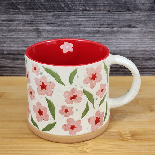 Floral Ceramic Mug Pink Flowers Red Coffee Tea Cup 18oz Cottagecore Blue Sky