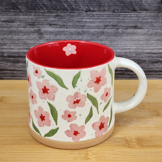 Floral Ceramic Mug Pink Flowers Red Coffee Tea Cup 18oz Cottagecore Blue Sky