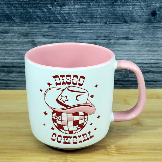 Country Western Coffee Mug Pink Disco Cowgirl Ceramic Tea Cup Blue Sky 18oz
