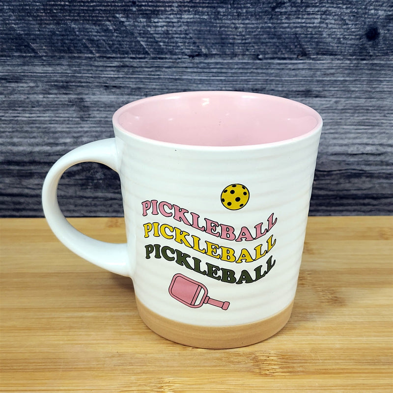 Load image into Gallery viewer, Pickleball Sport Coffee Mug Ceramic White Pink Tea Cup Artisan Fun Blue Sky 18oz
