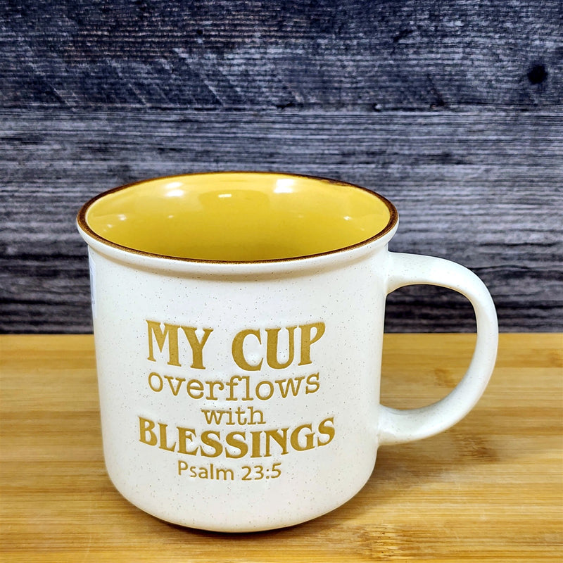 Load image into Gallery viewer, Christian Coffee Mug Religious Tea Cup My Cup Overflows with Blessings Blue Sky
