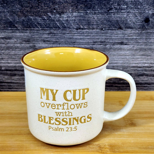 Christian Coffee Mug Religious Tea Cup My Cup Overflows with Blessings Blue Sky
