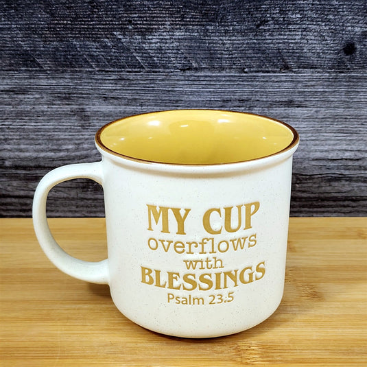 Christian Coffee Mug Religious Tea Cup My Cup Overflows with Blessings Blue Sky