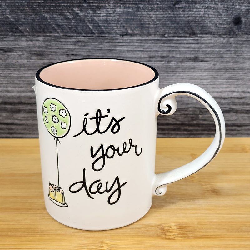 Load image into Gallery viewer, Birthday Celebration Mug Festive Balloons Ceramic Pink Coffee Cup Blue Sky 16 oz
