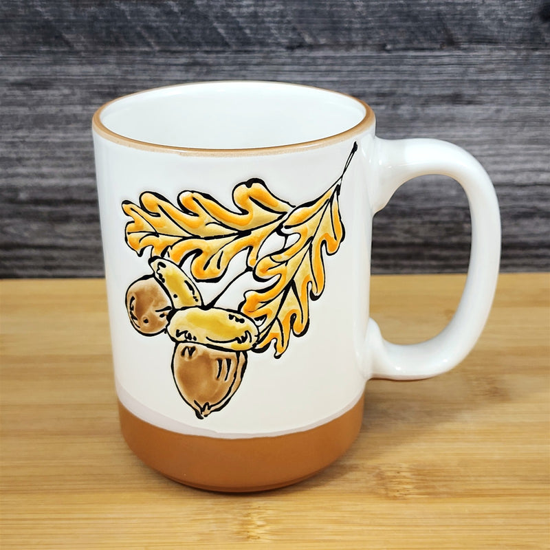 Load image into Gallery viewer, Acorn Harvest Coffee Mug Ceramic Oak Tree Leaves Tea Cup 18 oz Embossed Blue Sky
