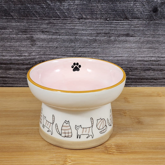 Raised Cat Bowl Elevated Pedestal Food Water Dish Pink White Ceramic Blue Sky