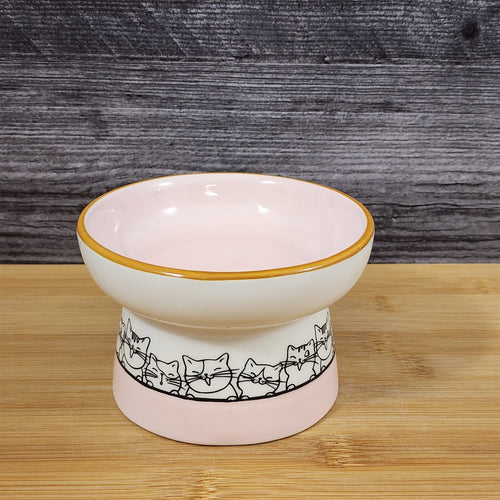 Cat Bowl Elevated Pedestal Raised Food Water Dish Pink White Ceramic Blue Sky