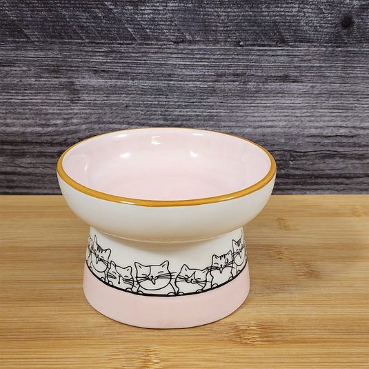 Cat Bowl Elevated Pedestal Raised Food Water Dish Pink White Ceramic Blue Sky