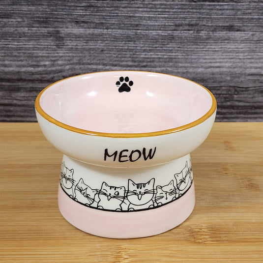 Cat Bowl Elevated Pedestal Raised Food Water Dish Pink White Ceramic Blue Sky