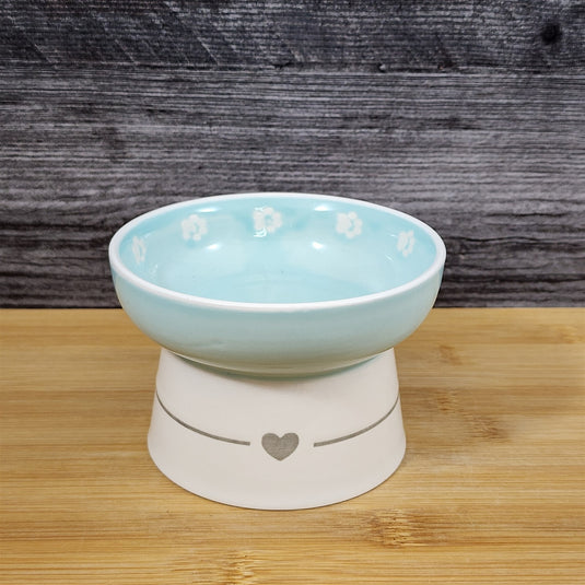 Heart Ring Raised Cat Bowl Elevated Pedestal Food Water Dish Ceramic Blue Sky