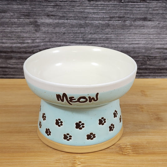 Raised Cat Bowl Elevated Pedestal Food Water Dish Green White Ceramic Blue Sky