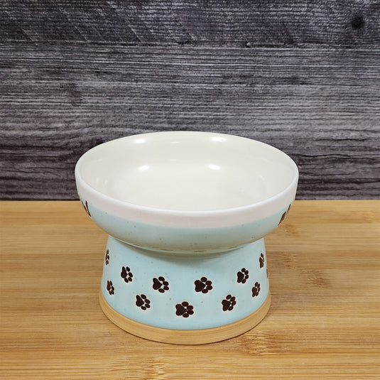 Raised Cat Bowl Elevated Pedestal Food Water Dish Green White Ceramic Blue Sky