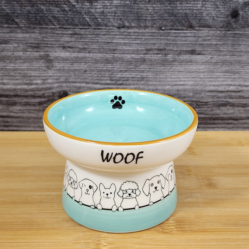 Load image into Gallery viewer, Raised Puppy Bowl Elevated Pedestal Food Water Dish Green White Ceramic Blue Sky
