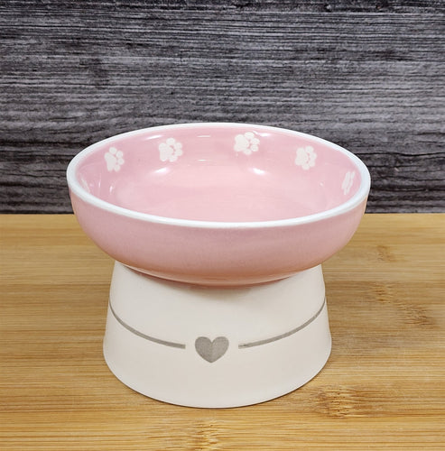 Heart Ring Cat Bowl Elevated Raised Pedestal Food Water Dish Ceramic Blue Sky