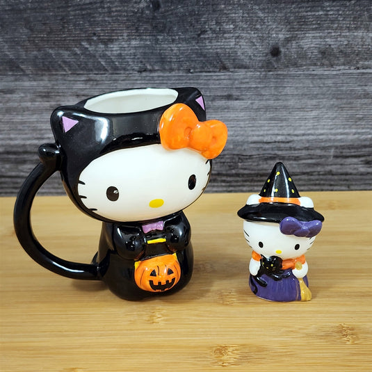 Hello Kitty Halloween Mug & Witch Figurine Ceramic Black Coffee Tea Cup Blue Sky