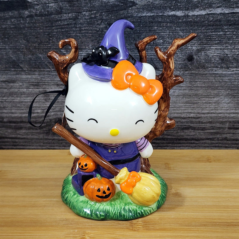 Load image into Gallery viewer, Hello Kitty Halloween Witch Figurine with Pumpkin Broom Ceramic Decor Blue Sky
