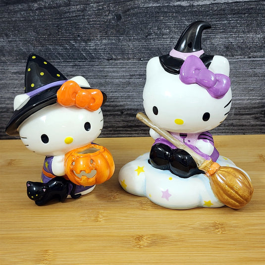 Hello Kitty Halloween Witch Figurine Décor Set Pumpkin Broom Ceramic Blue Sky