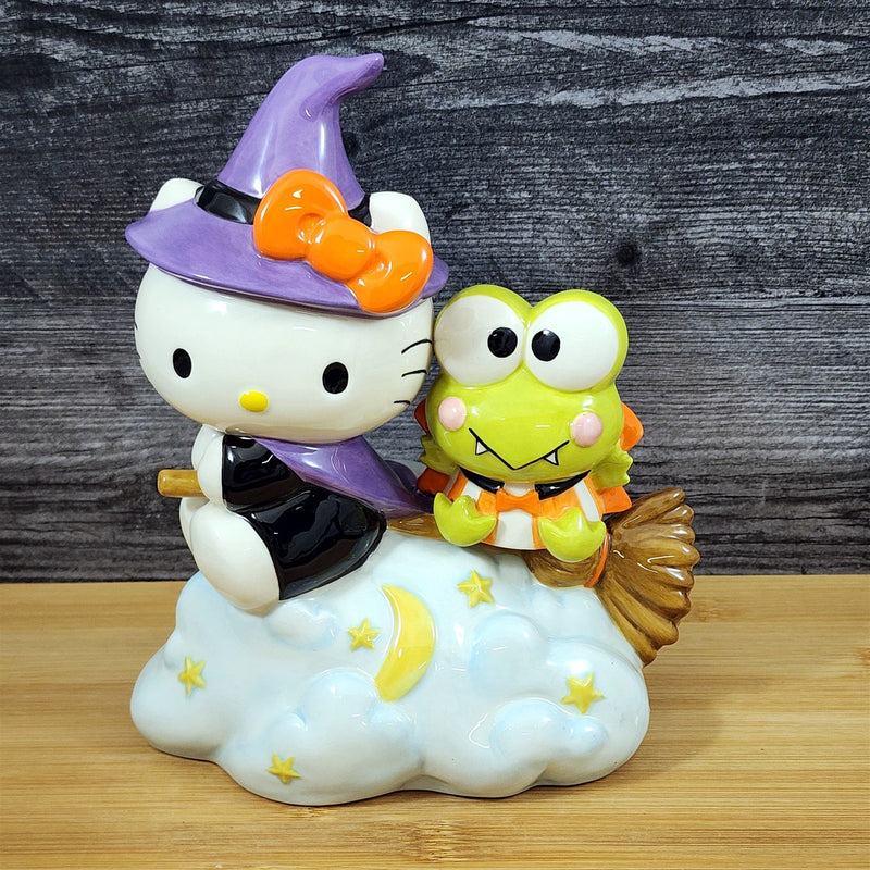 Load image into Gallery viewer, Hello Kitty &amp; Keroppi Ceramic Halloween Figurine Witch Hat Broom Decor Blue Sky
