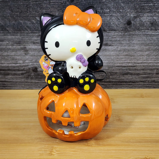 Hello Kitty Halloween Tealight Candle Holder Ceramic Pumpkin Black Cat Blue Sky