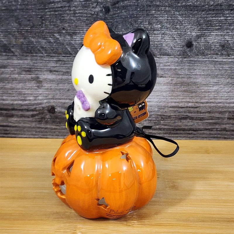 Load image into Gallery viewer, Hello Kitty Halloween Tealight Candle Holder Ceramic Pumpkin Black Cat Blue Sky
