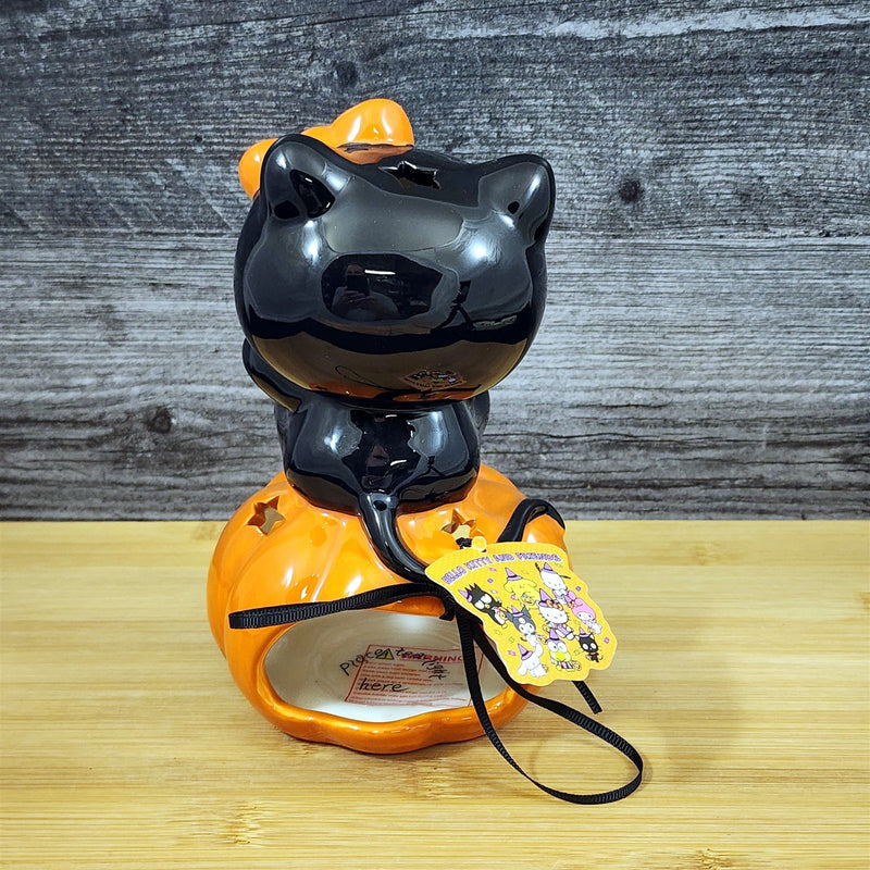 Load image into Gallery viewer, Hello Kitty Halloween Tealight Candle Holder Ceramic Pumpkin Black Cat Blue Sky
