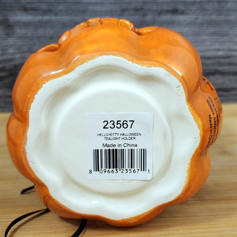 Load image into Gallery viewer, Hello Kitty Halloween Tealight Candle Holder Ceramic Pumpkin Black Cat Blue Sky
