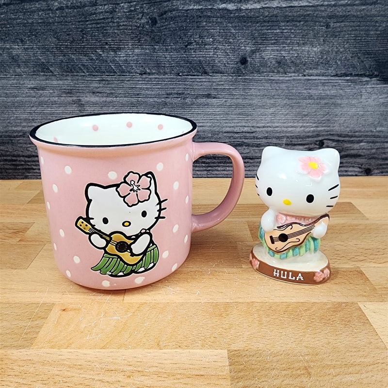 Load image into Gallery viewer, Hello Kitty Hula Figurine &amp; Mug Set Coffee Tea Cup Blue Sky Ceramic Embossed
