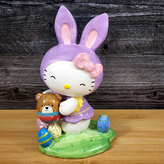 Hello Kitty Easter Bunny Ears Figurine Holding Bear Blue Sky Ceramic