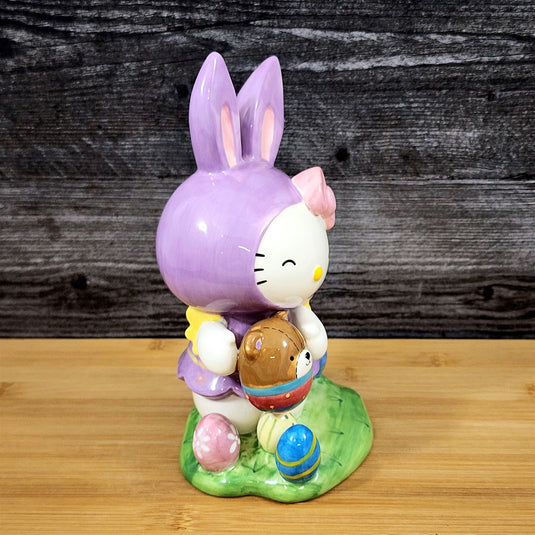 Hello Kitty Easter Bunny Ears Figurine Holding Bear Blue Sky Ceramic